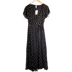 Raga starlit night black gold metallic dots short flutter sleeve wrap maxi dress